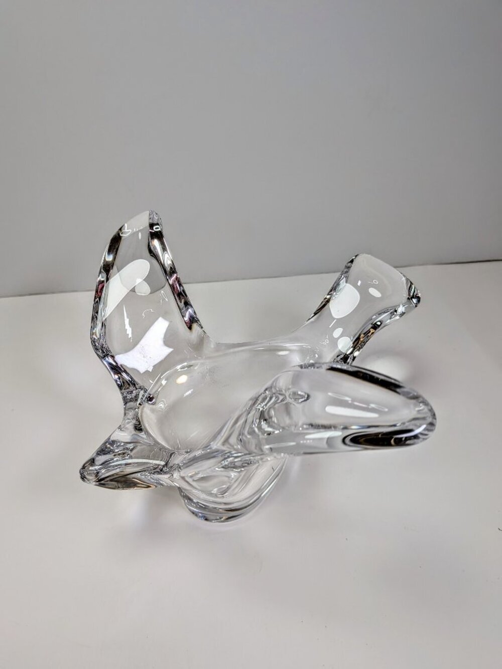 Vintage Clear Art Glass Bird Trinket Dish, Ring Holder, Wings Up Heavy Weight